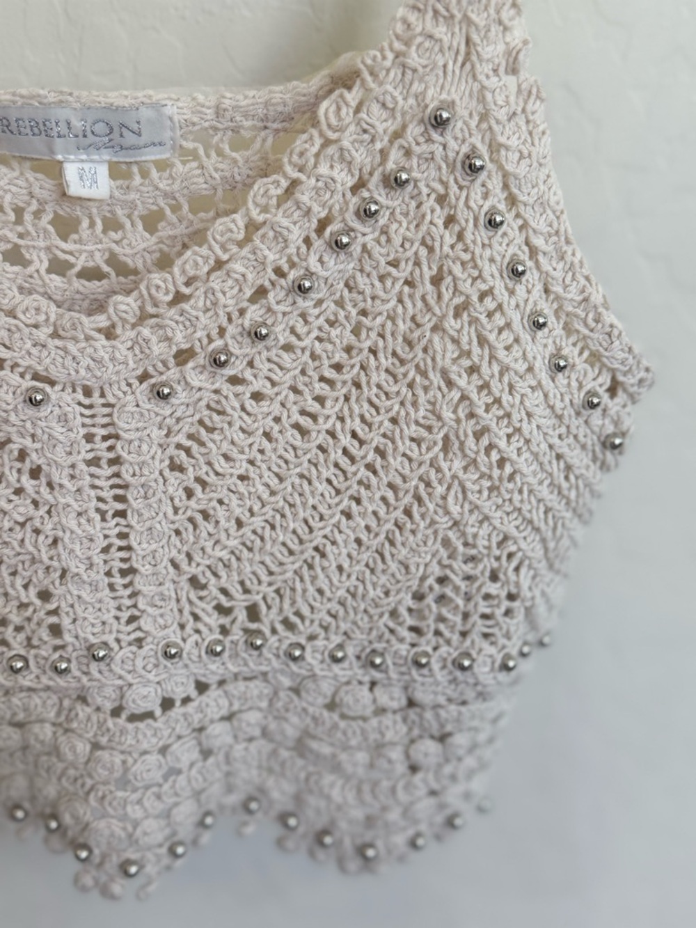 Rebellion Again Cream Crochet Beaded Crop Top Boho Cottagecore Medium - Picture 3 of 8